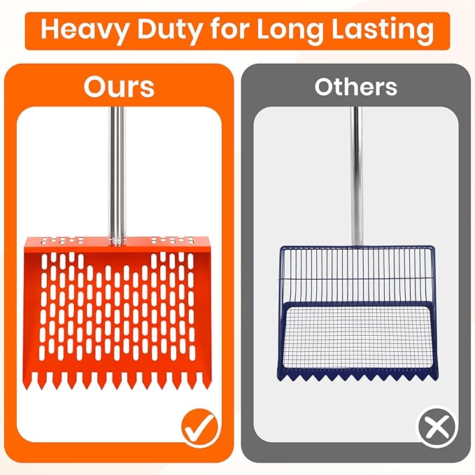 2-in-1 Chicken Poop Scooper & Rake Chicken Coop Scooper for Sand, with Adjustable Long Handle, Sifting Shovel, Chicken Scooper for Poop, Metal, Safety Orange
