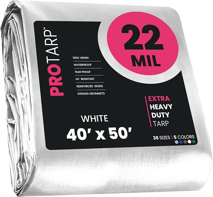PROTARP Extreme Heavy Duty 22 Mil Tarp Cover, Waterproof, UV Resistant, Rip and Tear Proof, Poly Tarpaulin with Reinforced Edges for Roof, Camping, Patio, Pool, Boat. (White 40′ X 50′)