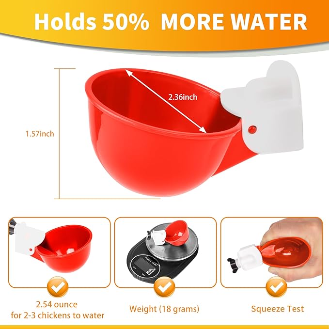 Chicken Water Cups 12 Pack, Automatic Filling Waterer Feeder Bowl, Gravity Poultry Watering System, Chicken Water Dispenser, Chicken Coop Accessories for Hens, Duck, Goose, Turkey (Red)