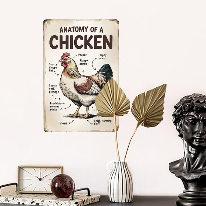 Retro humor wall art sign featuring Anatomy Of A Chicken Metal Tin Sign Classroom Farm Decor Perfect For Hanging In Coop Rustic Vintage Finish Educational 8x12 inch metal sign for home bar wall