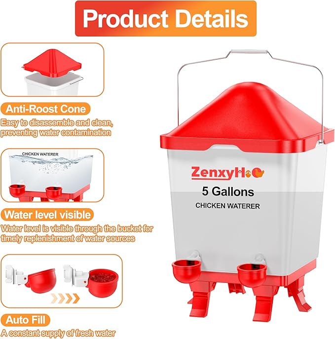 5.0 Gallons Chicken Waterer Bucket with 4 Waterer Cups, Adjustable Heights and Anti Roost Cone