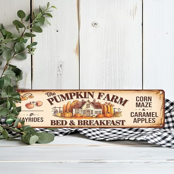 Rustic Pumpkin Farm Bed & Breakfast Metal Sign - Autumn Wall Decorative Sign - Pumpkin, Maple Leaf Design, 16x4 Inch, Vintage Sign for Kitchen, Baking Room, Farmhouse Decor, Thanksgiving Day Decor