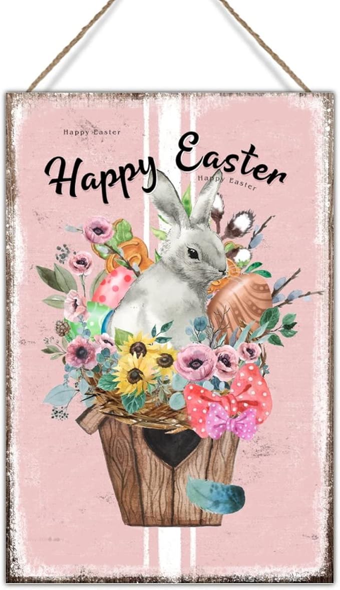 Wood Wall Art Plaque Happy Easter Flower Basket Bunny Sign French Style Floral Pink Stripes Wall Hanging Signs Easter Eggs Farmhouse Bunny Wood Plaque for Bedroom 8x12in