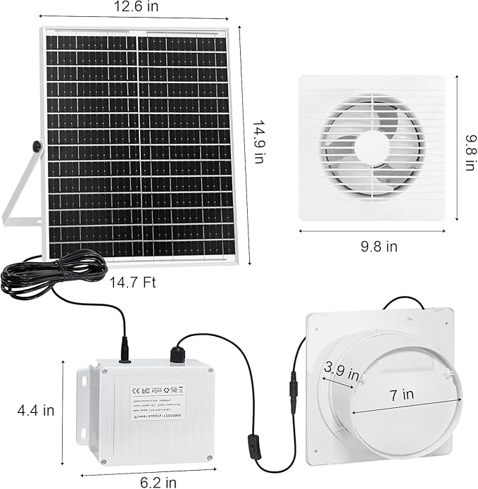 Solar Fan with Battery,9.8" Solar Exhaust Fan,12000mAh 22W Fan with 14.7Ft On/Off Cable,Greenhouse Air Cooling Circulation for Shed, Chicken Coop and More