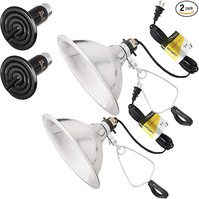 Simple Deluxe 75W Ceramic Reptile Heat Lamp Bulb & 150W Clamp Light with 8.5" Aluminum Reflector Combo for Amphibian Pets& Incubating Chicken, 2-Pack