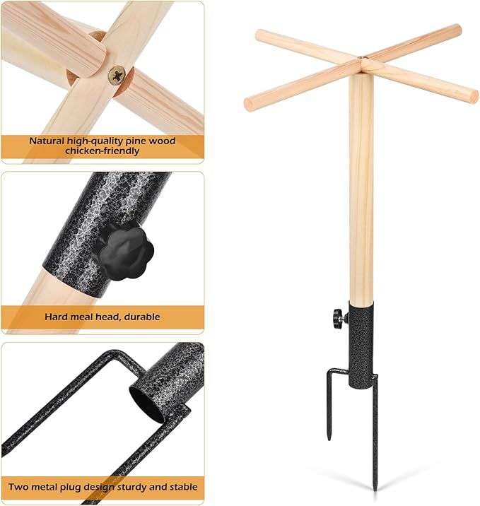 Chicken Perch for Coop - 4 Wooden Roosting Bars for Chickens, Chicken Toys for Coop with Rustproof Metal Base & Ground Anchors, Stable Chicken Coop Toys, 1-Min No-Tool Setup, 26.72In Height