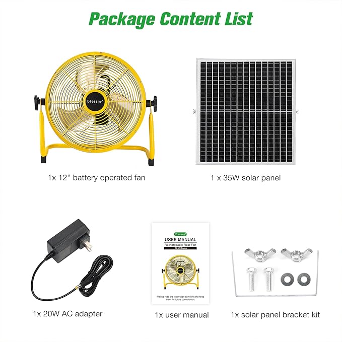 12" Solar Rechargeable Floor Fan for Home Outdoor Camping Gazebo Greenhouse Barn Poultry Pet House Cooling or Air Circulation