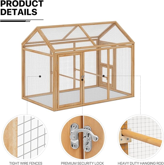 MoNiBloom Outdoor Chicken Coop Large Hen House Poultry Cage with Roosting Rods, Farmhouse Backyard Wood Rabbit Hutch Small Pets Playpens Spire Shaped Coops Triple Access/Feeding Doors 55 x 33.5 x 42.5