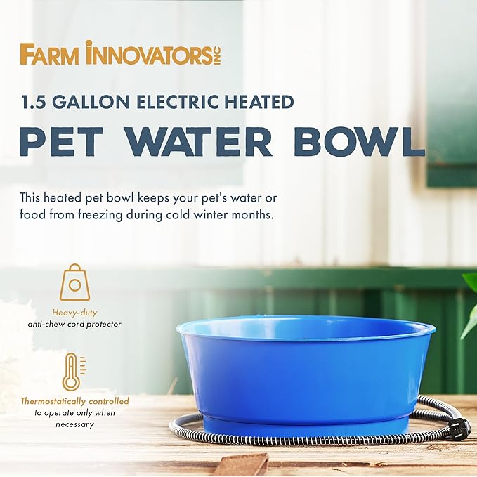 Farm Innovators 1.5 Gallon 60 Watt Outdoor Electric Powered Heated Pet Water Bowl with Thermostatic Control and Anti Chew Cord Protector, Blue