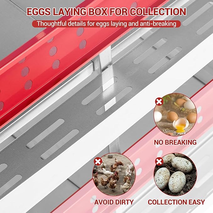 Metal Chicken Nesting Boxes - 6 Hole Wall-Mountable Laying Boxes with Lid & Roll-Away Egg Collection, Weatherproof Galvanized Steel, for Chicken Coop, Red