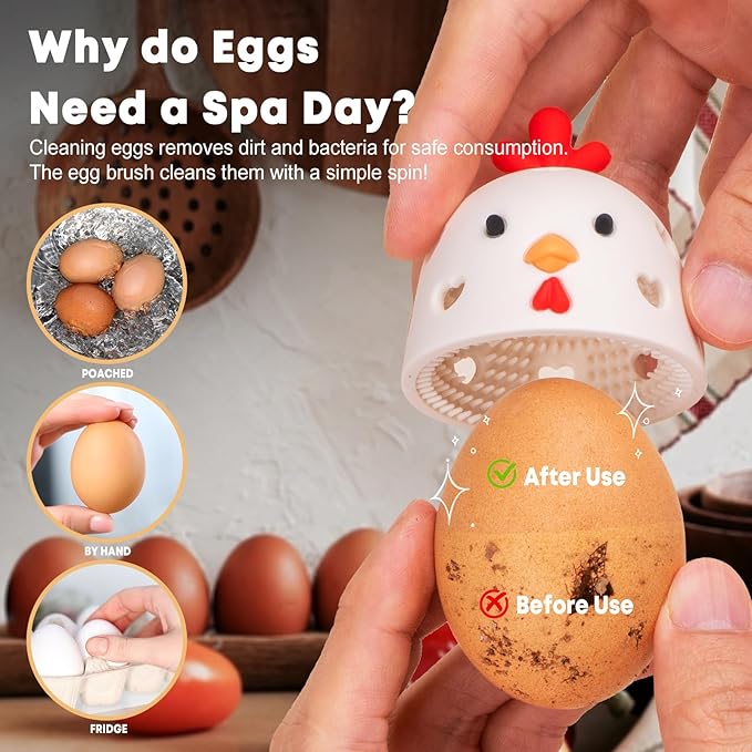 2PCS Silicone Egg Cleaner for Fresh Eggs,Reusable Cleaning Tools for Chicken Coop Accessories,Egg Washer, Egg Scrubber for Fresh Eggs,Egg Washer for Fresh Eggs Creative Chicken Shape Egg Brush 2White