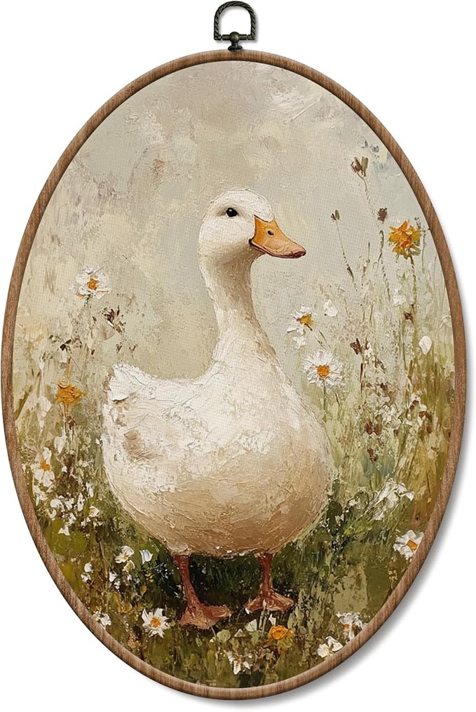 Yorhifa Vintage Duck Wildflower Framed Wall Art, Cottagecore Daisy Floral Duck Oval Wall Art, Rustic Farm Animal Oval Walls Decor, Farmhouse Country Canvas Artwork Hanging Decor, 8.5x11.5 Inch