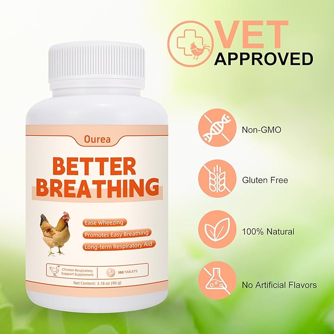 Ourea Chicken Breathing Supplement, Poultry Respiratory Aid Pills for All Breeds & Ages of Chickens - Support Wheezing, Coughing, Rapid Breathing, Lung Health - Gentle, Natural Formula - 300 Tablets