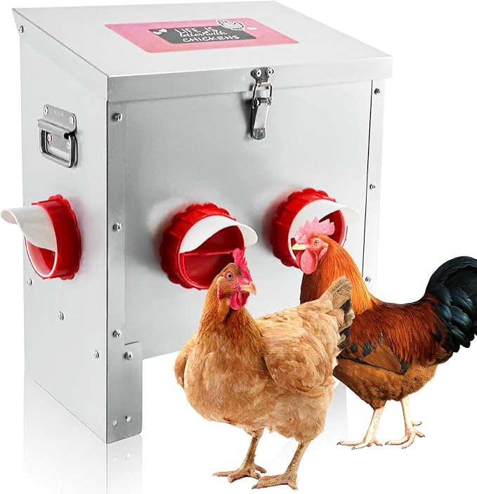 25LB Large Automatic Chicken Feeder Galvanized Metal Chicken Feeders with 4 Feeding Ports No Waste Outdoor Poultry Feeder with Handle and Locking Lid for Chickens and Ducks