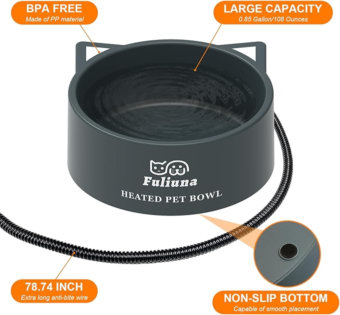 3.2L Large Heated Water Bowl, Outside Heated Dog Dish with Chew Resistant Power Cord, Thermal Bowls Provide Drinkable Water in Winter, Anti-Slip Pet Bowls for Dog Cat Rabbit Chicken Duck Grey