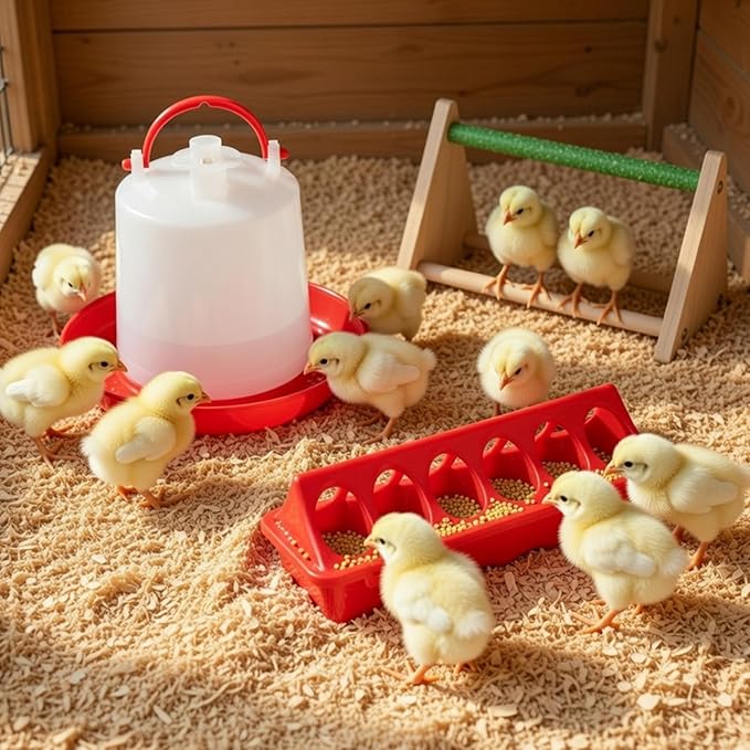 14 Pcs Chick Feeder and Waterer Kit with Wooden Perch Baby Poultry Starter Set 1.5 L Feeding Dispenser for Small Poultry Ducks Quail Pigeon Coop and Brooder