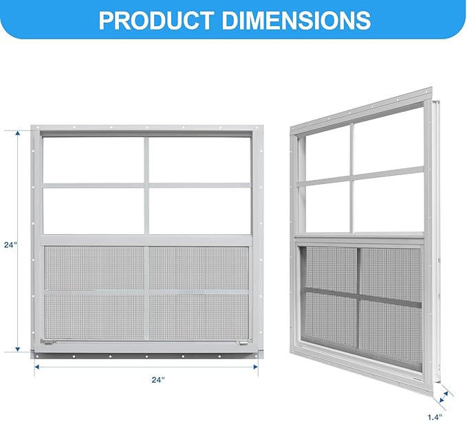 NeatiEase 2 Pack Shed Windows, 24" x 24" Flush Mount Window with Tempered Glass and Fiberglass Screen for Shed, Chicken Coop, Playhouse, Household, Garage
