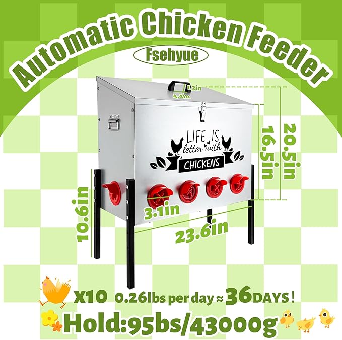 95LB Large Automatic Chicken Feeder Galvanized Metal Chicken Feeders with 10 Feeding Ports No Waste Outdoor Poultry Feeder with Adjustable Height Legs and Locking Lid for Chickens and Ducks