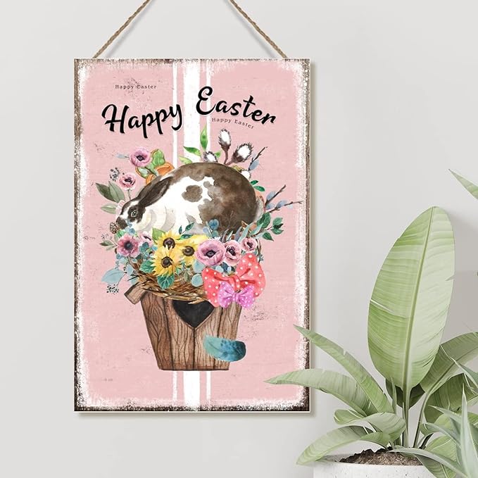 Happy Easter Flower Basket Bunny Wooden Sign Plaque French Style Floral Pink Stripes Hanging Sign Spring Easter Greetings Wood Art Plaques for Living Room Bathroom 8x12in