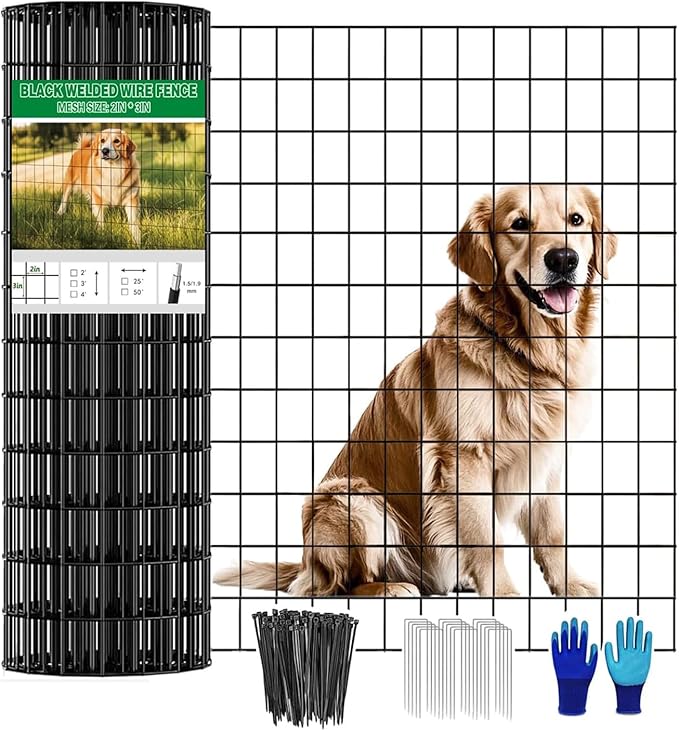 Welded Wire Fence 36inch x 50ft, Black PVC Coated Garden Fencing, 2 inch x 3inch 16Gauge Chicken Wire Fence Roll, Anti-Rust Metal Fencing for Yard Plant Protection Poultry Netting