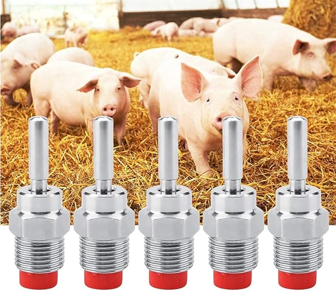 Pig Nipple Drinker Waterer Thread Stainless Steel Pig Waterer Nipple Fountains Drinkers with Red Cap Long Rod for Sows Piglets Drinking Wat 5 pcs