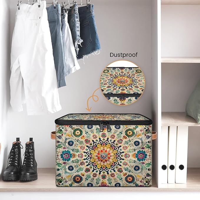Vintage Boho Storage Bins with Zipper Lid Fabric Storage Containers for Clothes Collapsible Closet Storage Basket with Metal Frame 2 Pack