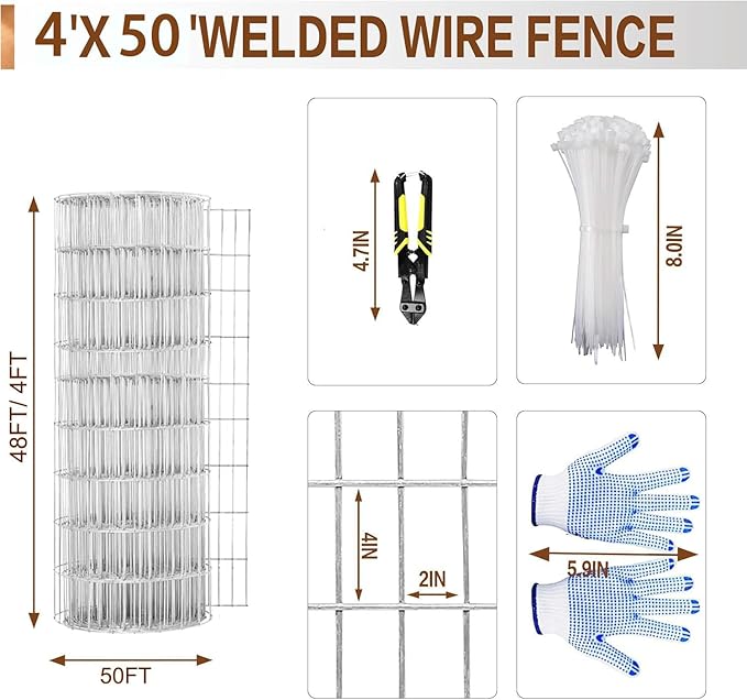 Tongmo 4 ft x 50 ft Galvanized Welded Chicken Wire Fence, 16GA Garden Chicken Wire Fence Roll, Mesh Size 2" x 4"Hardware Cloth, Ideal for Yard Protection and Poultry Netting