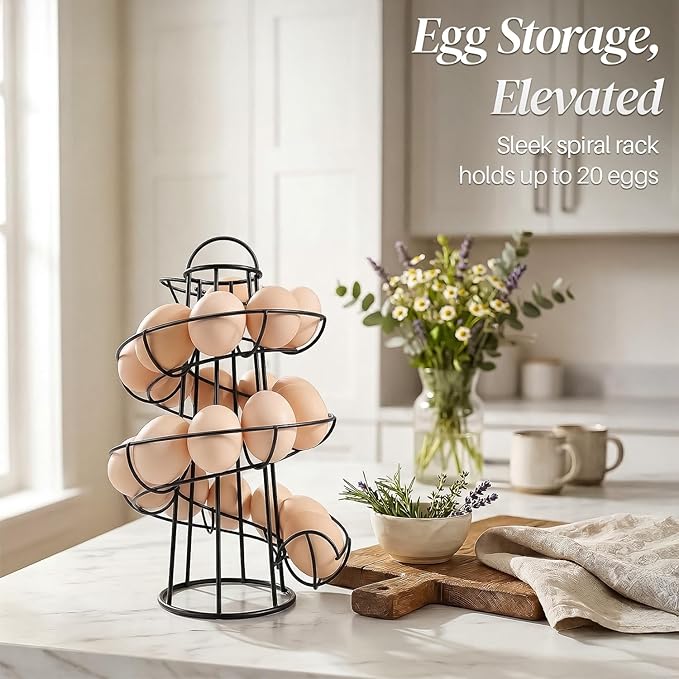 Flexzion Egg Skelter Modern Spiral Egg Holder Countertop (Medium Egg Display) - Freestanding Wired Countertop Egg Holder for Fresh Eggs, Dispenser Stand, Storage Rack for Kitchen, Black
