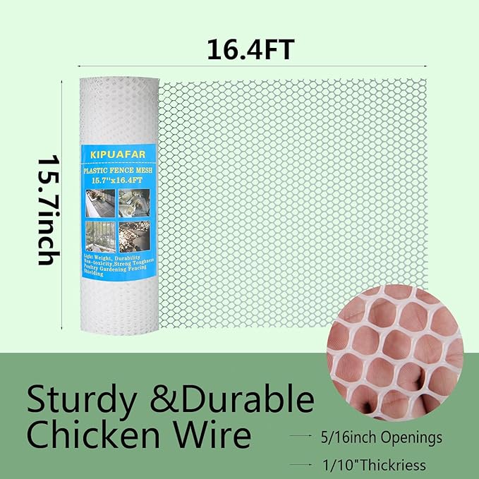 Pet Proof Barrier Net, White Plastic Chicken Wire Mesh Fencing 15.7IN x 16.4FT, Balcony Cat Safety Net & Garden Snake Barrier, Heavy Duty Protection for Chicken Coops, Rabbit Hutches, Dog Kennels