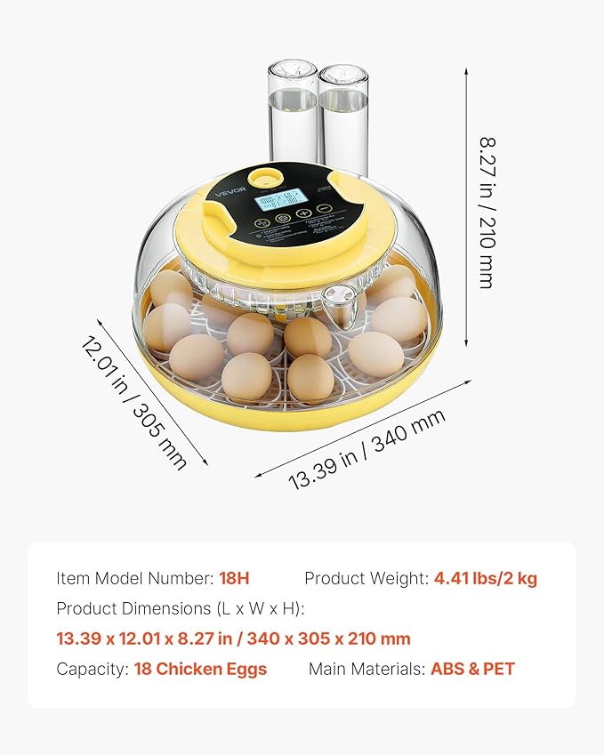 VEVOR 18 Egg Incubator, Automatic Egg Turner with LED Candler, Temperature & Humidity Control, 360° View Clear Window, Auto Water Refill, Poultry Eggs Incubators for Hatching Chicks Ducks Goose Quail