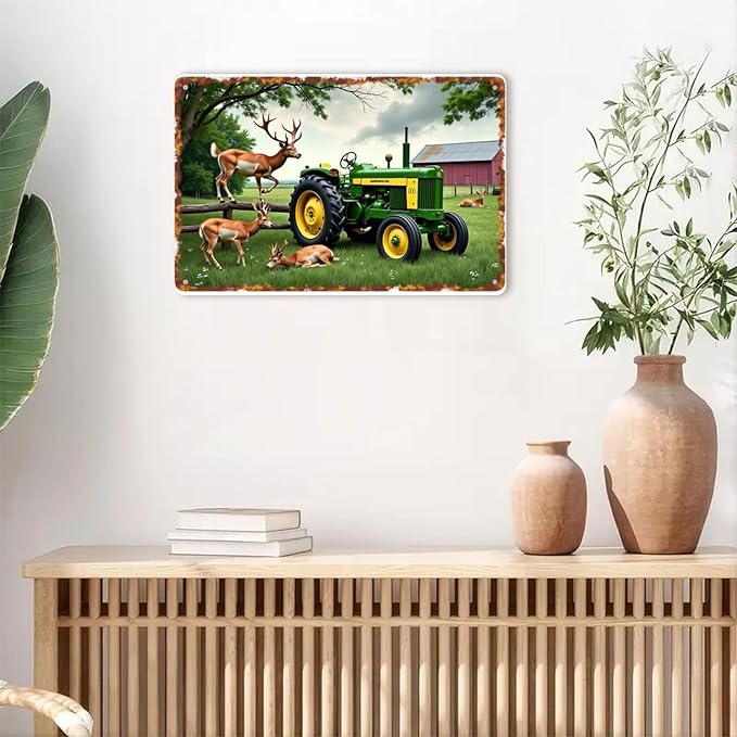 Deer And Tractor Vintage Farm And Wildlife Metal Sign Print Aesthetic for Garden Yard Bar Porch Home Bedroom Kitchen Wall Decor Gift 8 X 12 in