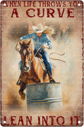 Horse Riding Cowgirl Vintage Metal Sign When Life Throws You A Curve Lean Into It Metal Poster Cowboy Decor Painting Wall Art Home Garage Bars Restaurants Cafes Office 8X12Inch