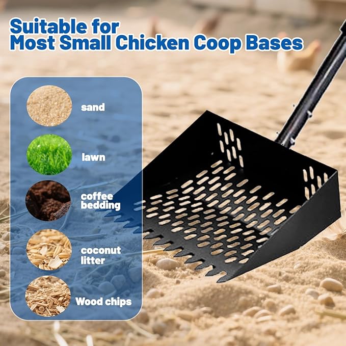 Chicken Poop Scooper and Rake 2-in-1, Metal Chicken Coop Scoop - 32 to 62" Adjustable Handle Sand Sifting Shovel Cleaning for Chicken Coops Animal Pens, Reinforced Joint