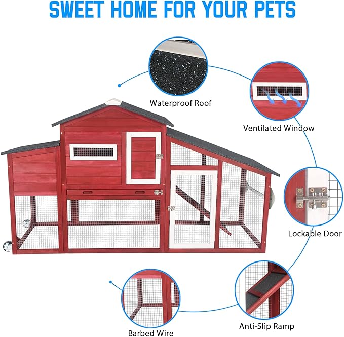 PetsCosset Chicken Coop Wooden Backyard Hen House - Indoor Outdoor for 2-3 Chickens, 2 Story Poultry Cage with Run, Chicken Nesting Box, Pull Out Trays and Anti-Slip Asphalt Ramp