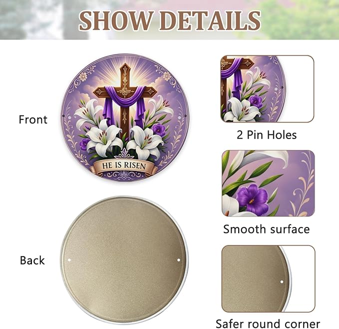 He is Risen Metal Sign for Front Door Decor Religious Cross Easter Hanging Door Decorations, Farmhouse Flower He is Risen Roundr Sign Hanger for Home Spring Wall Indoor Outdoor Decorations