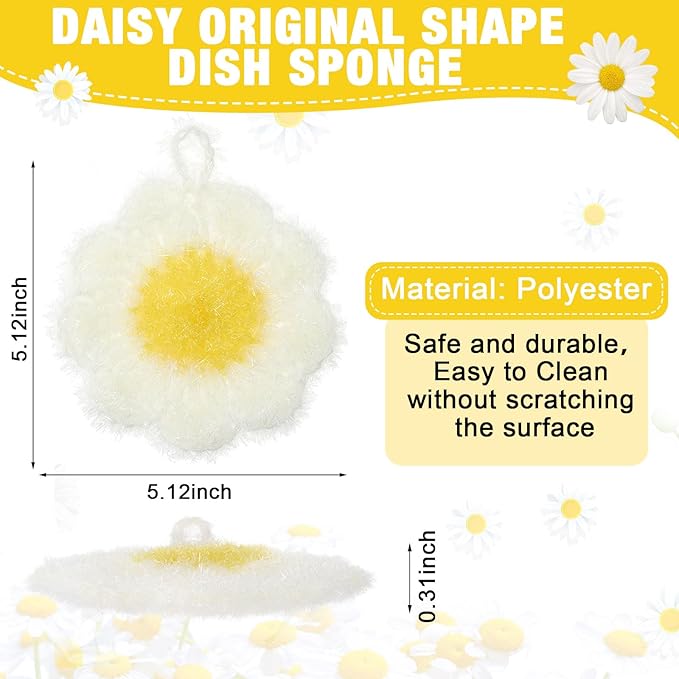 6 Piecs Daisy Shape Dish Sponge Dual Sided Non Scratch Daisy Dish Washing Scrubbers, Reusable Household Cleaning Kitchen Tools for Dishwashing Washing Dishes Cookware
