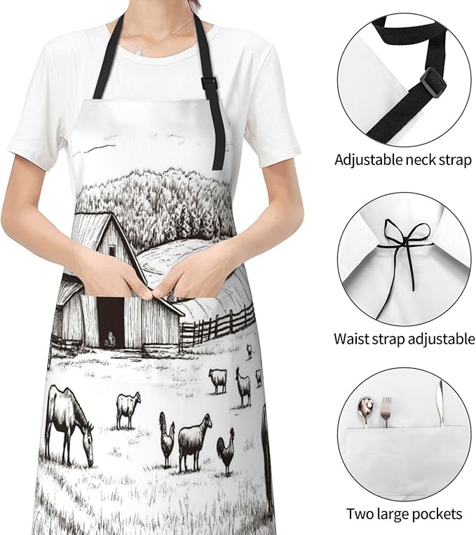 Farm Animals 2 For Waterproof Adjustable Adult Apron With Pockets For Men And Women Cooking, Painting