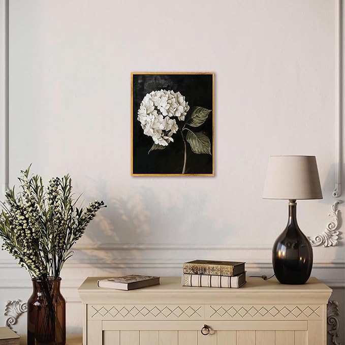 Vintage Flower Framed Wall Art Farmhouse Botanical Pictures Black White Hydrangea Painting Dark Floral Poster Rustic Plant Artwork White Hydrangea Pictures Antique Still Life Painting 8x10inch Framed