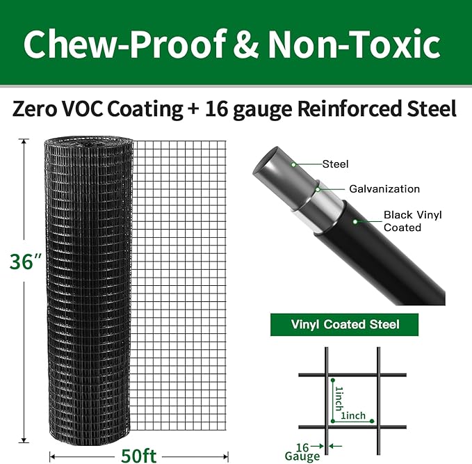 AMAGABELI GARDEN & HOME Black Hardware Cloth 1 x 1 inch 36inch x 50ft PVC Vinyl Coated Wire Mesh Roll Weld Wire Fence Chicken 16 Gauge Garden Fence Chicken Coop Wire Fencing Gopher Rabbit Tree Guard