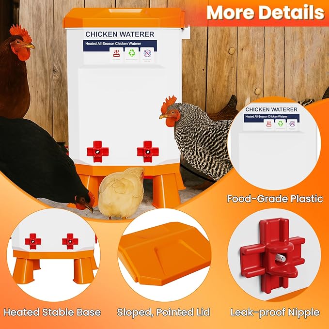 Nexum Heated Chicken Waterer - 3 Gallon Winter-Proof Poultry Drinker with Nipples and Stand, Auto Thermostat for Chickens, Ducks & Quail - Freeze-Resistant, Easy Fill (Orange, 3 Gallon)