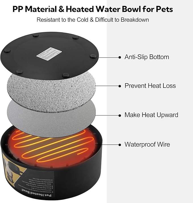Heated Water Bowl for Dogs & Cats, Waterproof Heated Dog Bowl with Chew Resistant Cord, Large Heated Pet Bowl, Provide Warmable Water for Dogs, Cats, Chicken, Birds in Winter 3.2L（Black）