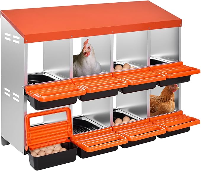 VEVOR 2 Tiers Chicken Nesting Boxes, 8 Compartments, Metal Egg Laying Boxes with Protective Collection Lids, Roll Out Nesting Box, Easy to Assemble, Ideal for Hens, Ducks, Chickens, and Other Poultry