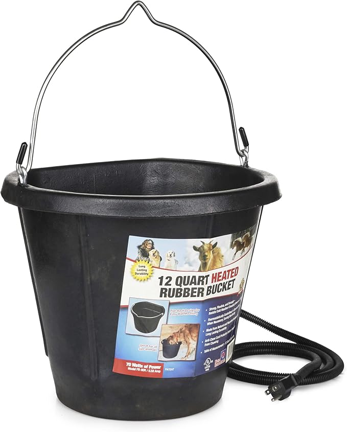 Farm Innovators FB-80R Rubber 3 Gallon Flat Back Heated Bucket with Metal Handle, Built in Thermostat, and Concealed Heating Element, 70 Watt