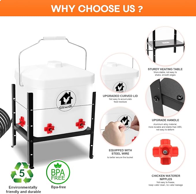 Heated Chicken Waterer for Winter Automatic Heated Chicken Waterer Adsjustable Height Poultry Drinker Heater Anti-Freezing Watering System for Chicken Coop Accessories ABS 2 Gallon