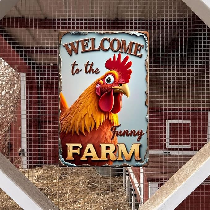 FunnySign Chicken Gifts Rooster Décor Welcome To The Funny Farm Rustic Tin Sign For Home Farm Chicken Coop Decor 8x12 Inch (9705)