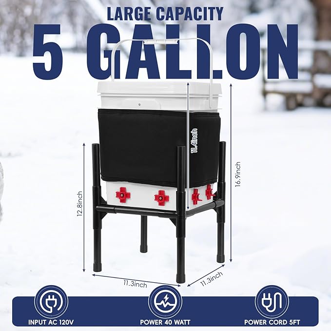 Heated Chicken Waterer 5 Gallon, Winter Chicken Waterer with Smart Thermostat, 8 Freeze-Proof Nipples, Chicken Water Heater for Winter, Easy Clean Anti-Tip Design