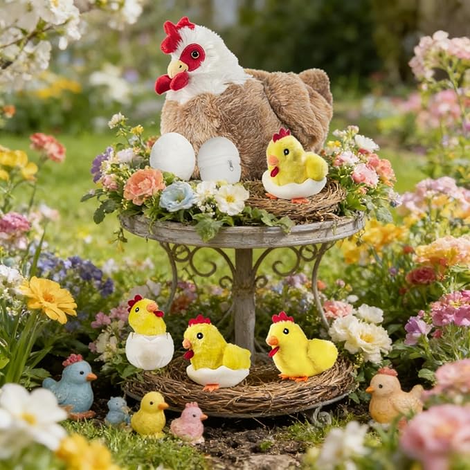 9 in 1 Chicken Stuffed Animal Set, Stuffed Chicken Plush Toy Egg Laying Hen with Zipper and Baby Chicks Plush Chickens, Eggs and Coop Chicken Toys for Kids Girls Boys Birthday Easter Stuffers Gifts