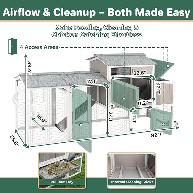 Chicken Coop with Run, Weatherproof Mobile Chicken Tractor Hen House with Wheels, Nesting Box, Roosting Bars, Pull-Out Tray, Asphalt Waterproof Roof & Fun Swing for Chickens Quails Small Animals