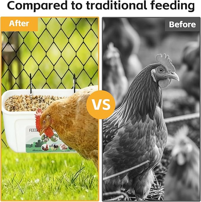 6 Pack Goat Feeder Hanging 3.5 Quart Chicken Waterer Feeder Trough, Fence Feeders with Clips for Poultry Livestock, White