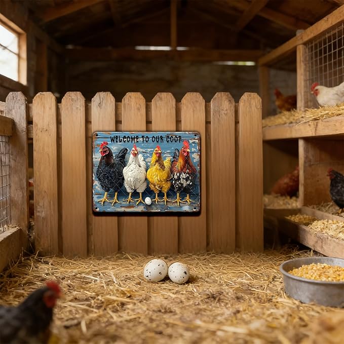 Chicken Coop Sign Welcome to Our Coop Vintage Metal Tin Sign for Chicken Accessories Indoor Outdoor Decor 16x12 Inch